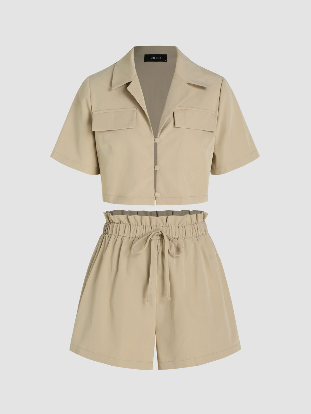 Button Up Crop Shirt & Elastic Waist Shorts Set