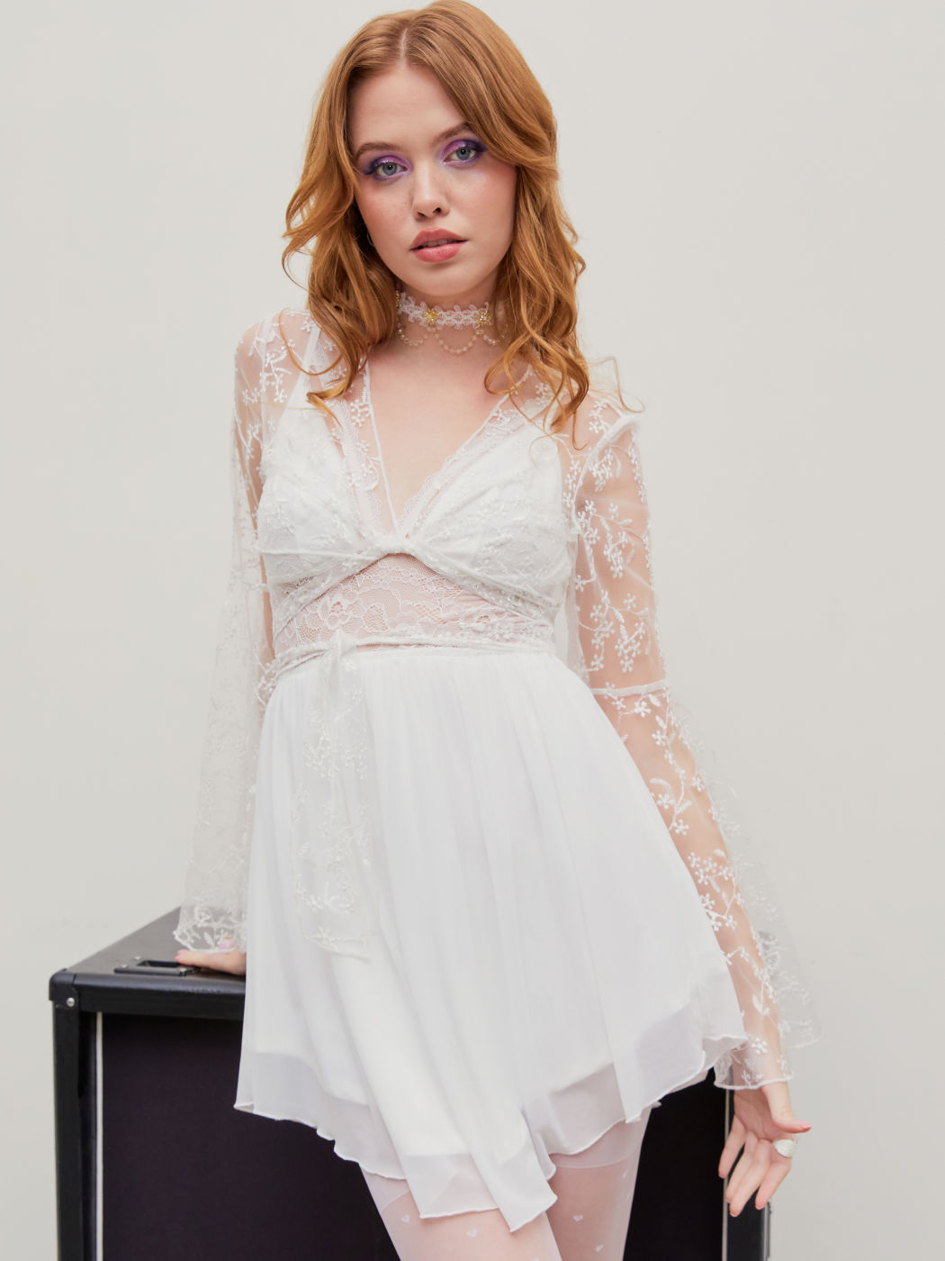  Spitze Transparente Langarm Crop Bluse