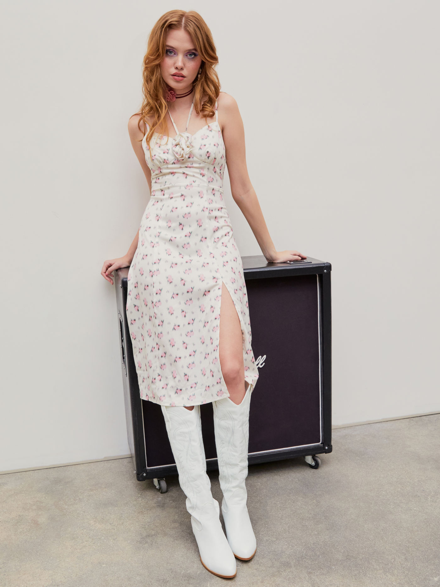 Floral Halter Split Midi Dress