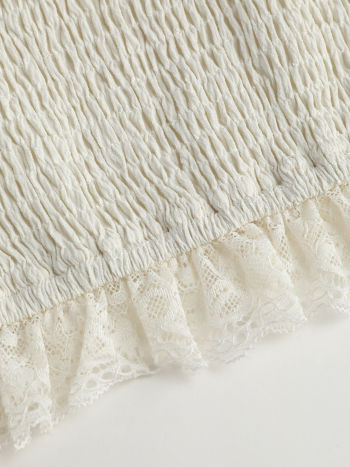 Woven Lace Trim Knotted Sweetheart Crop Blouse For Daily Casual Vacation