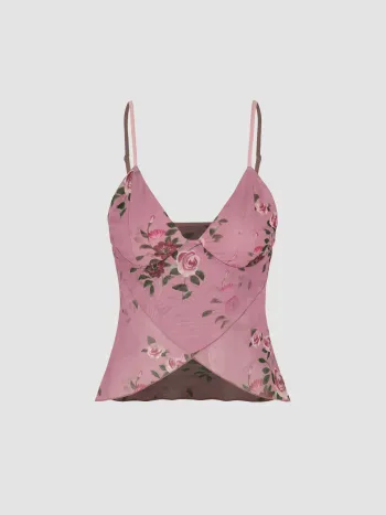 Mesh V-Ausschnitt Rosen Crop Top