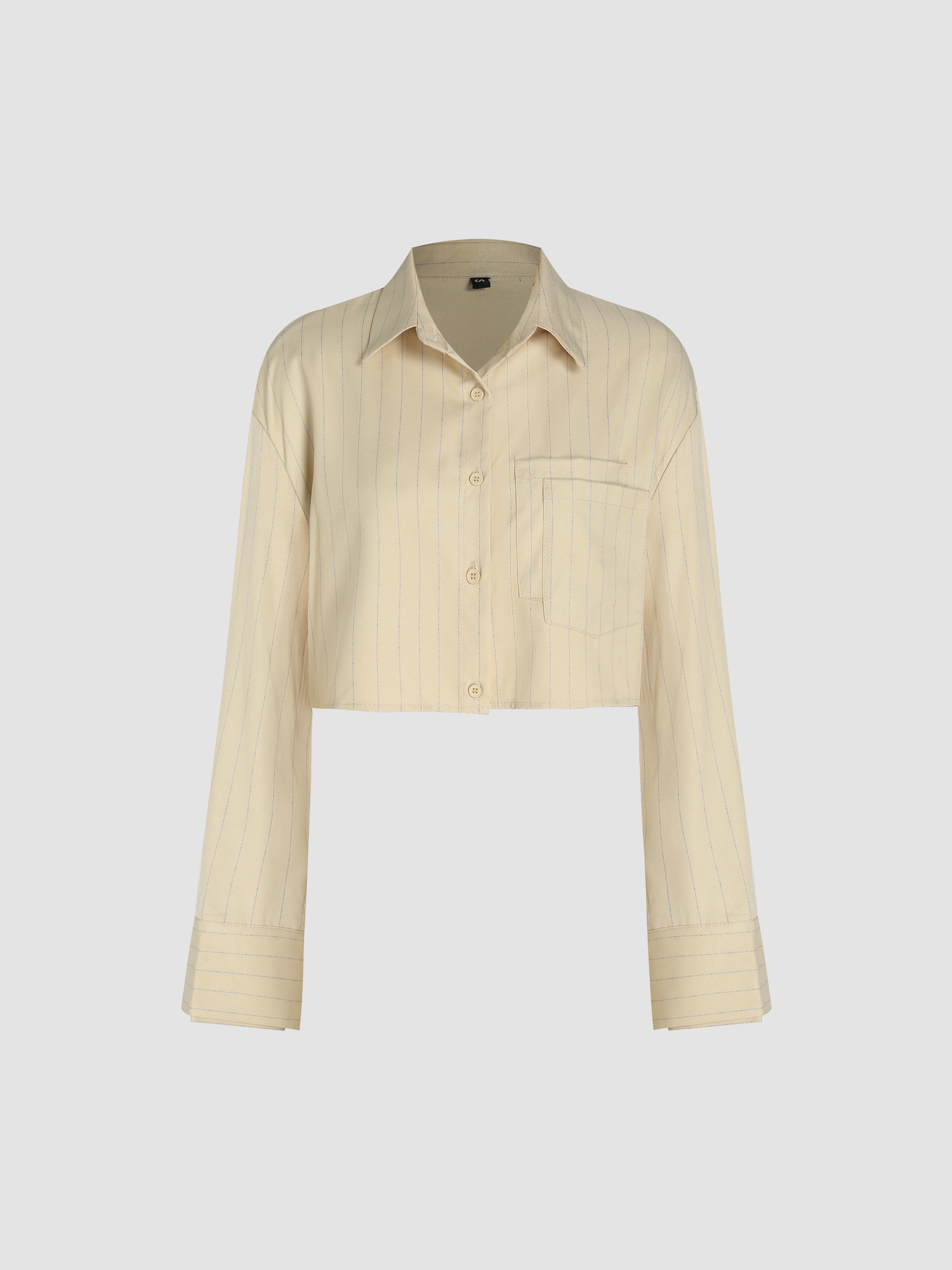 Woven Pinstripe Collar Button Up Crop Shirt For Daily Casual