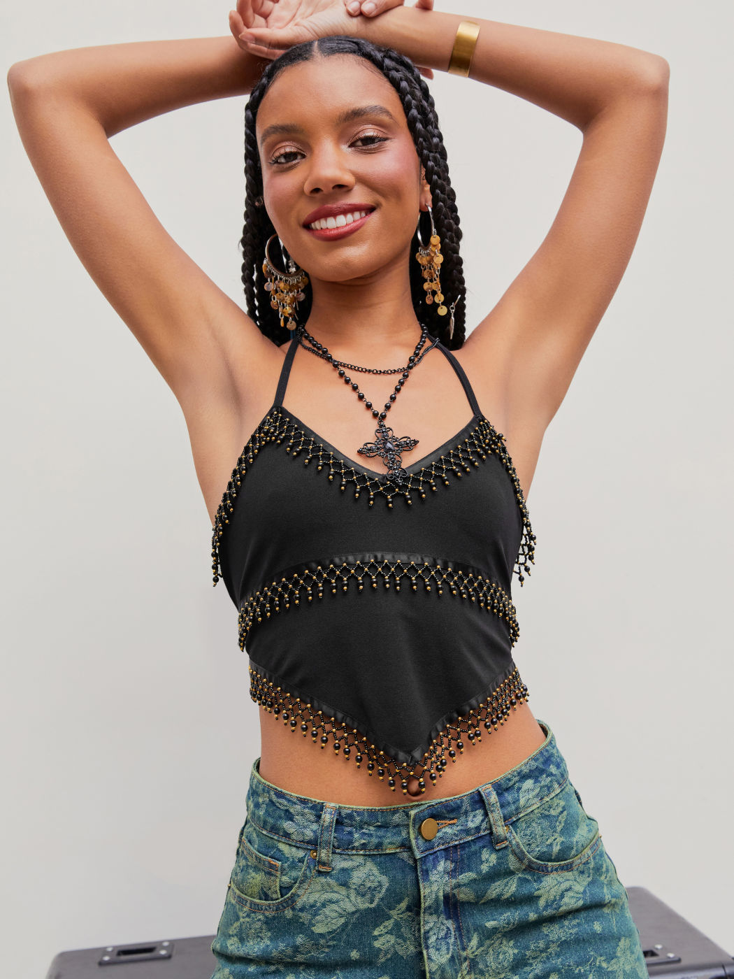  Fransenbesatz Halter Geknotetes Crop Cami Oberteil