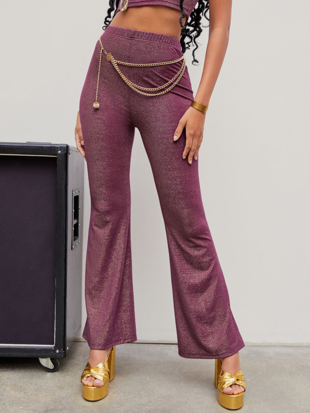 Einfarbige Glitzer Elastische Taille Ausgestellte Hosen