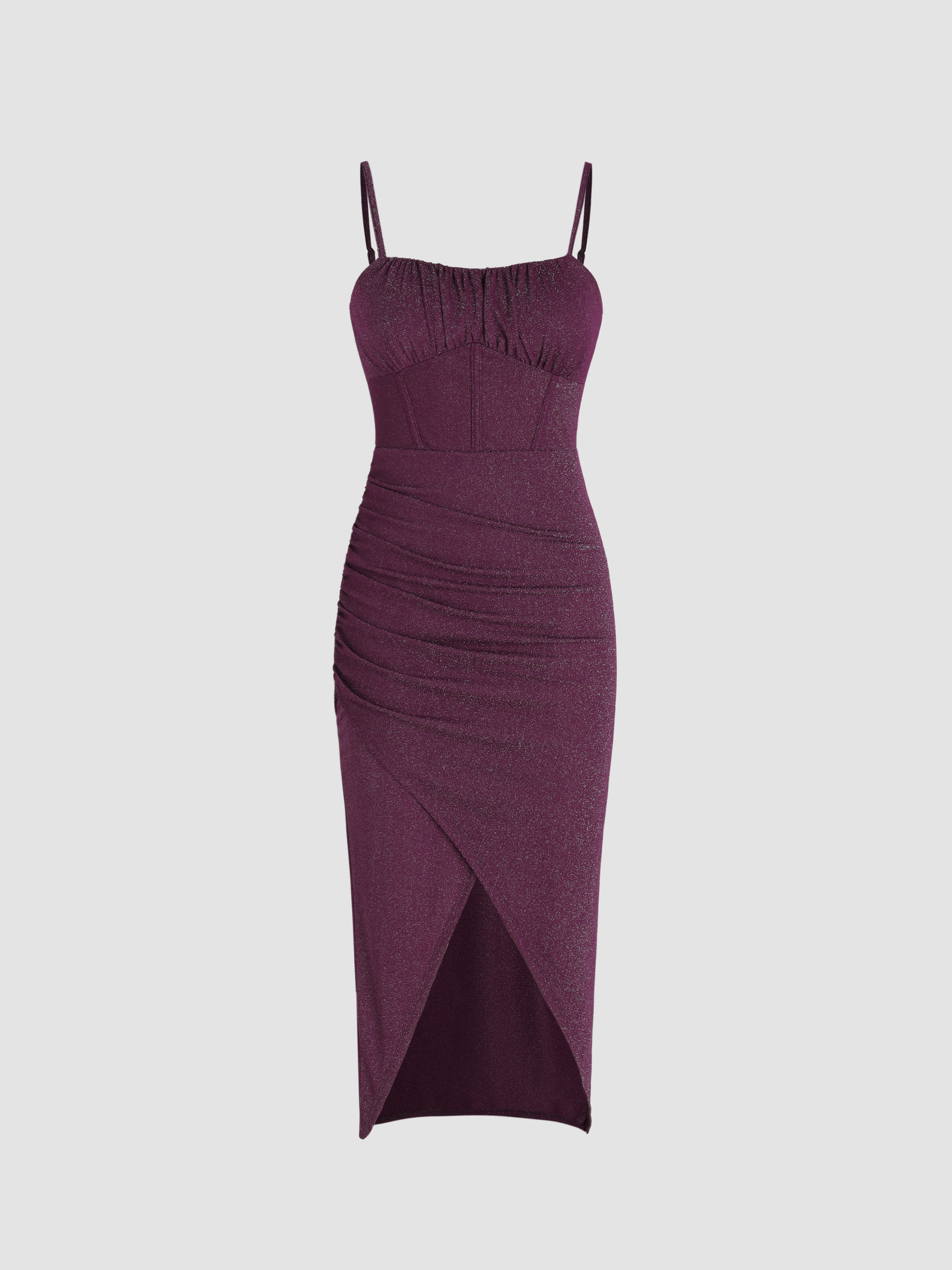 Glitter Ruched Split Midi Dress For Date Party/Clubbing Exhibition