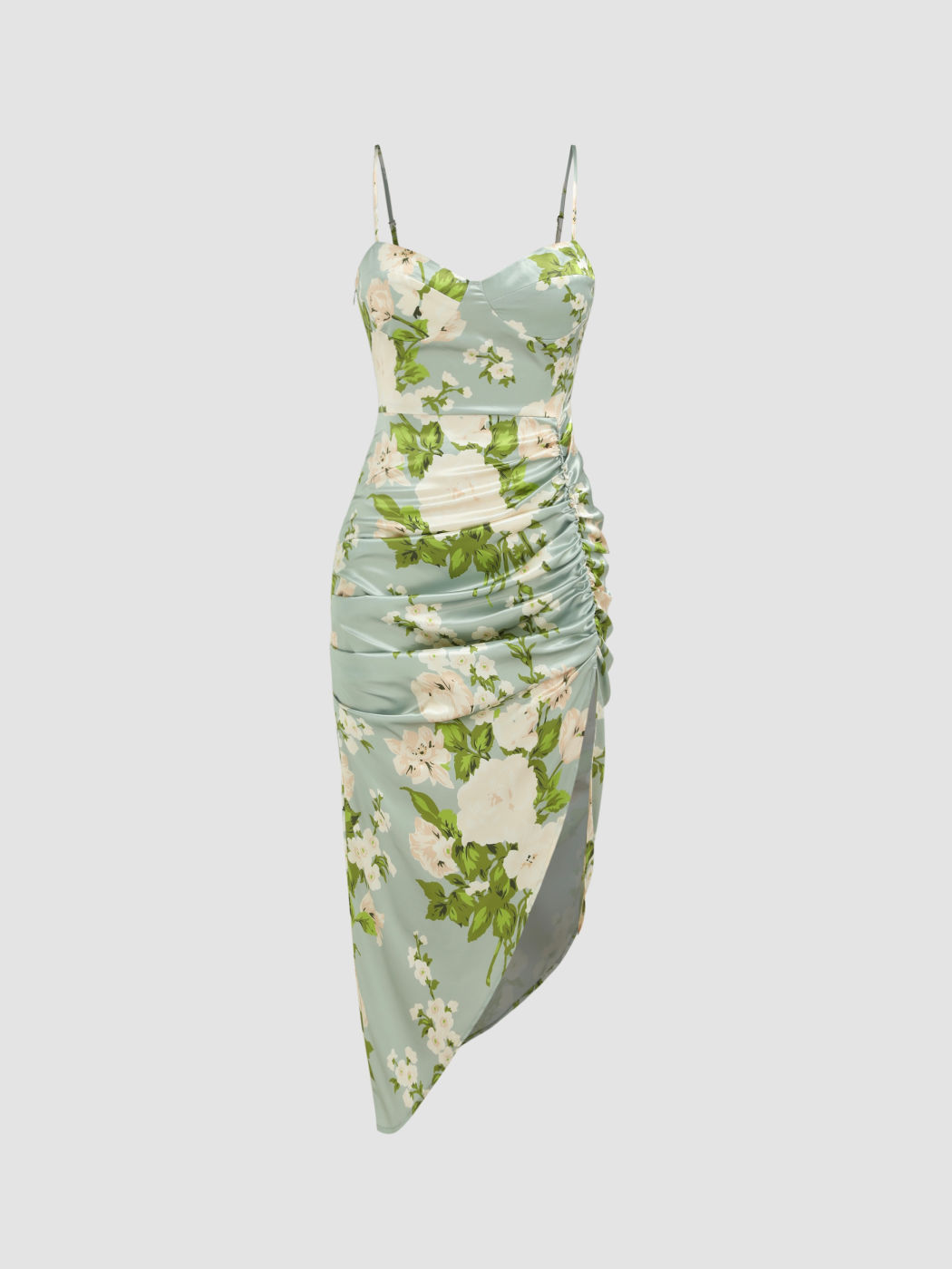 Satin Satin Floral Ruched Split Midi Dress For Daily Casual Date