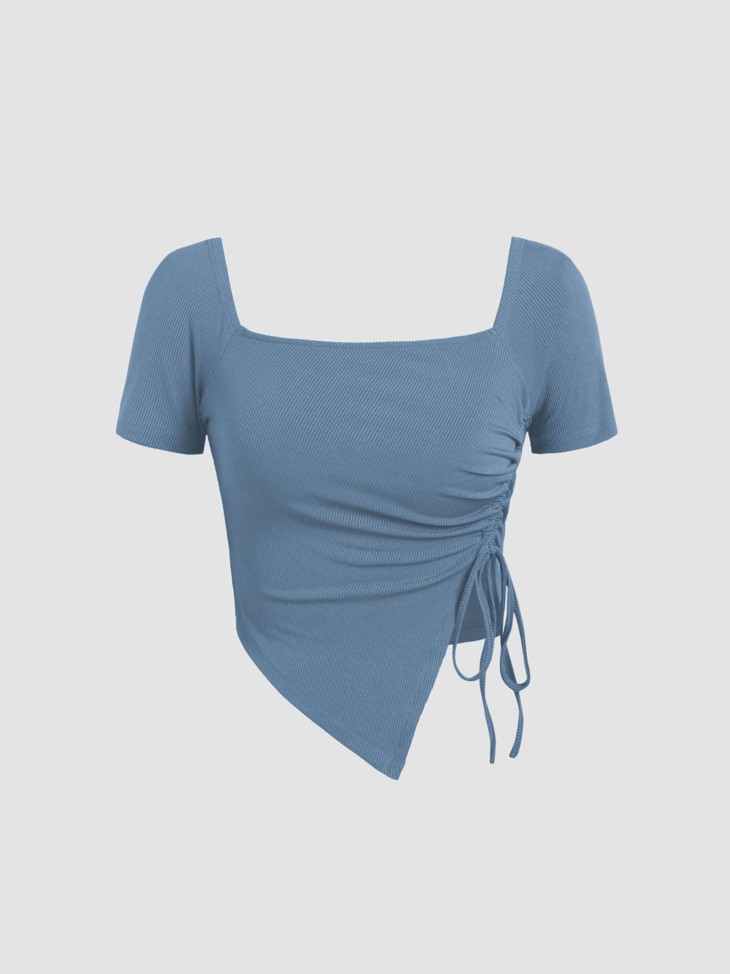 Solid Asymmetrical Hem Drawstring Short Sleeve Tee