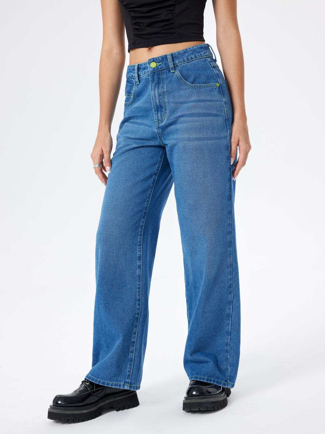 Denim Mid Rise Kontrast Straight Leg Jeans
