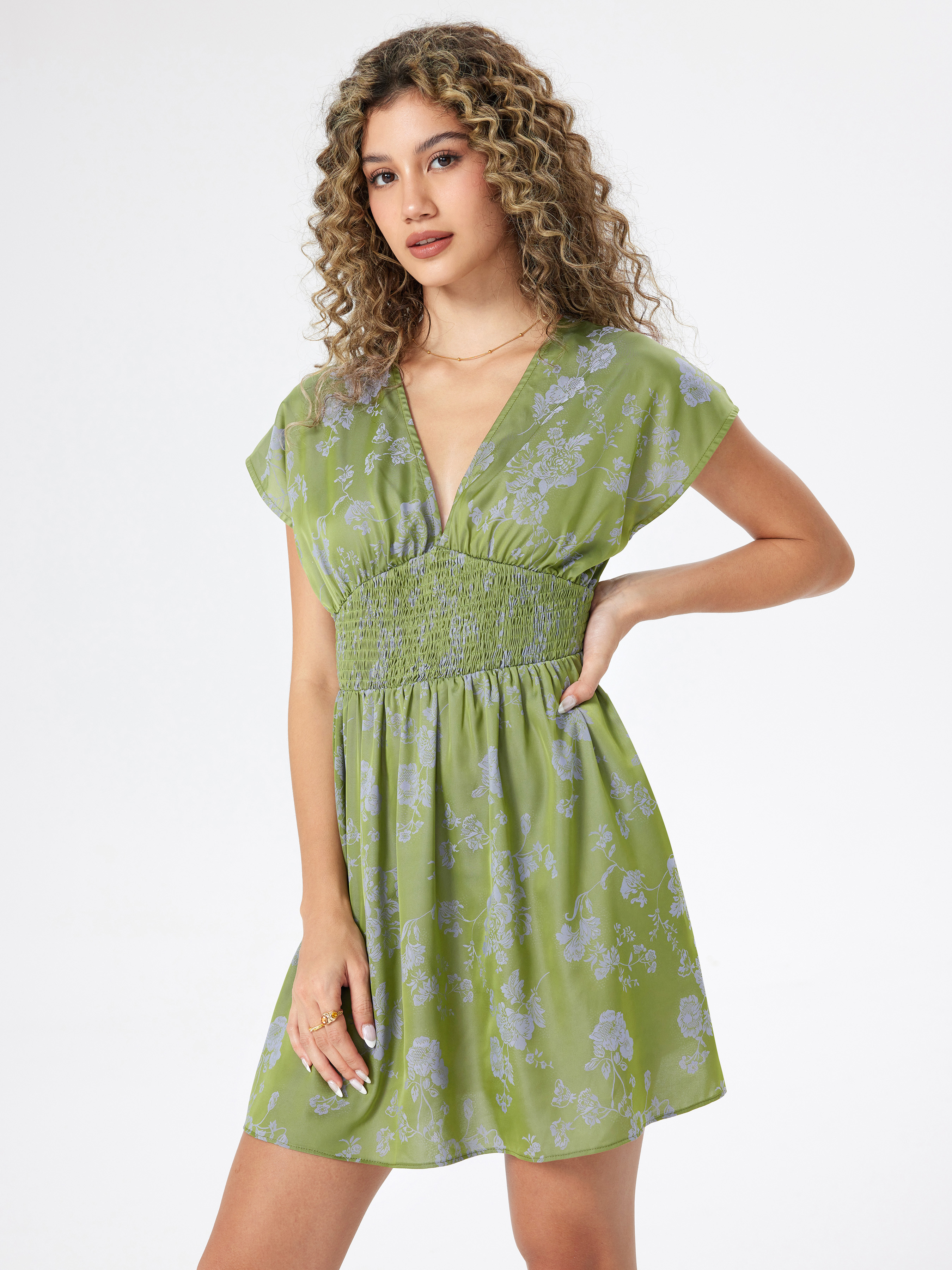 【Cider】花柄 シャーリング ショート ドレス Short Sleeve Dresses - Cider