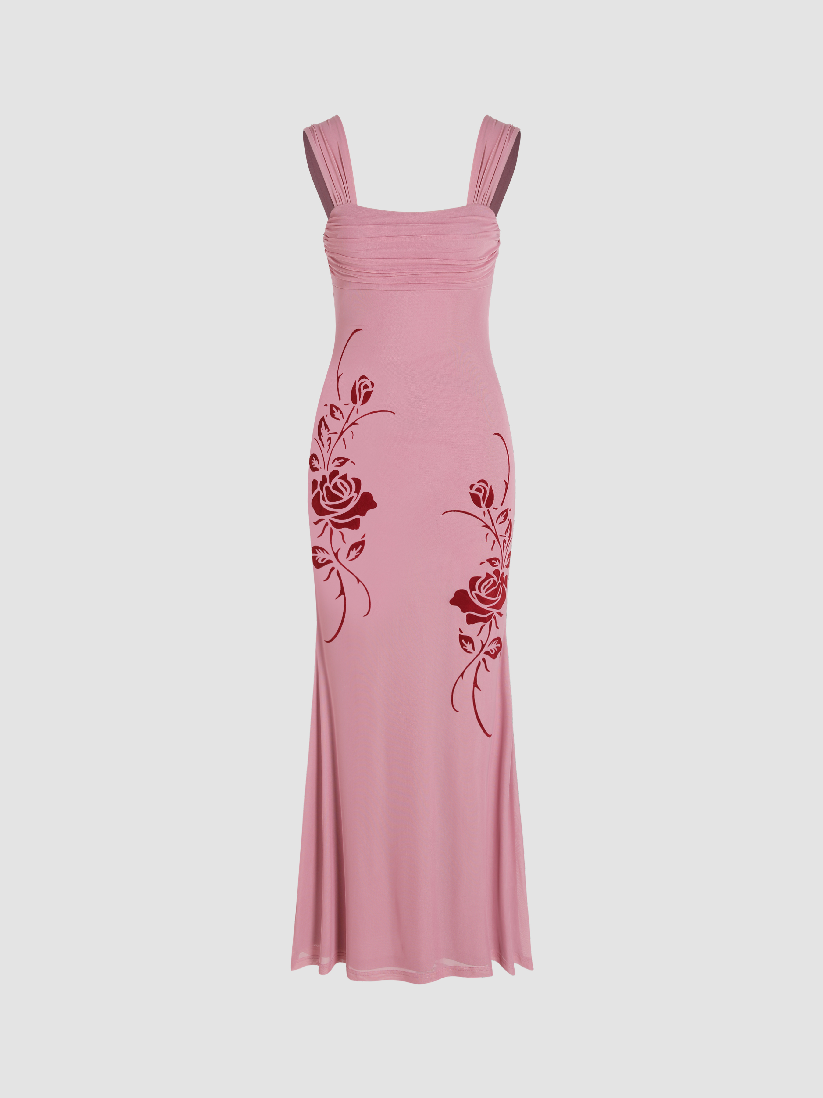 Rose Mesh Ruched Ruffle Maxi Dress - Cider