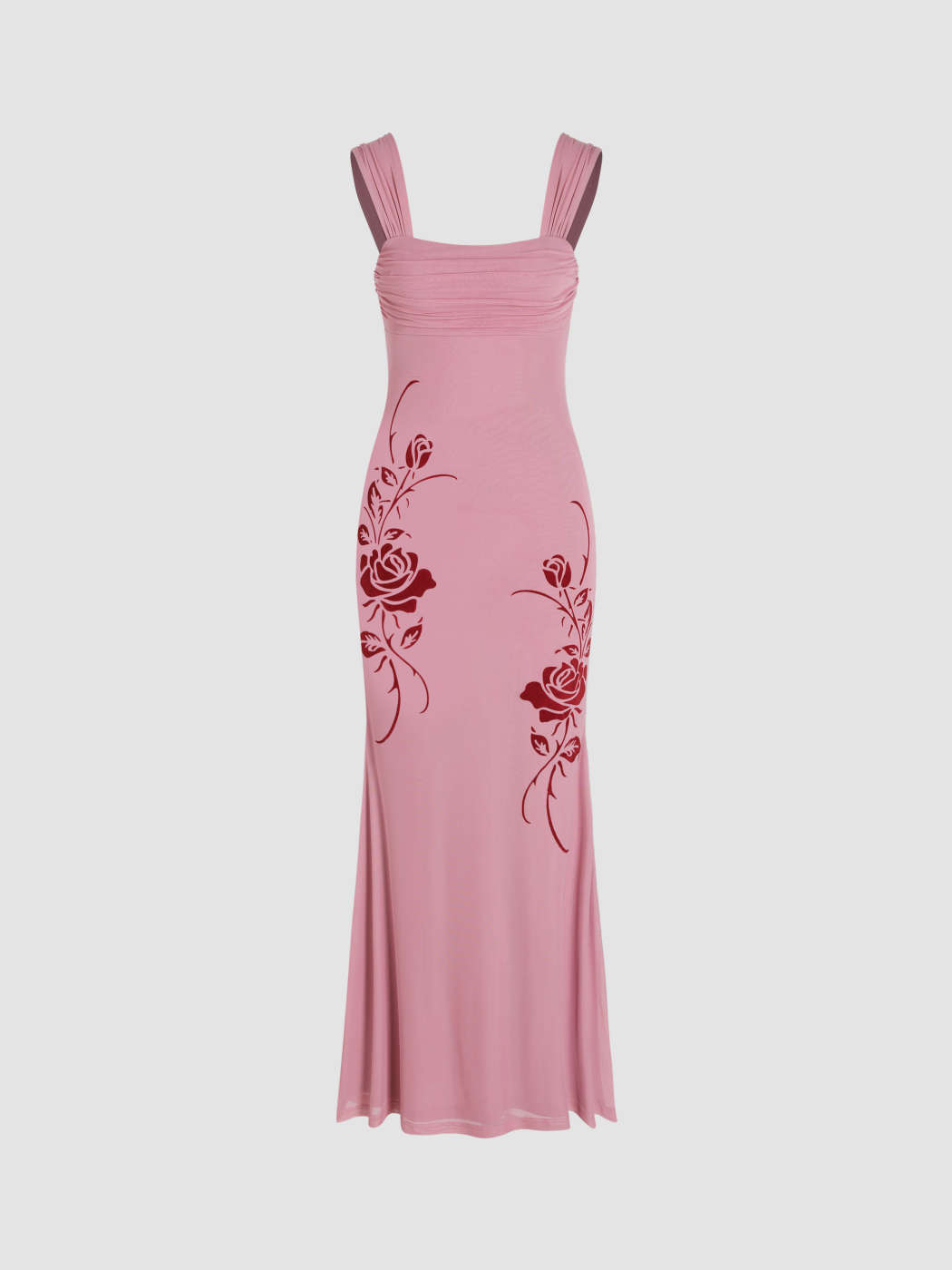 Bandeau Mesh Ruffle Rose Midi Dress