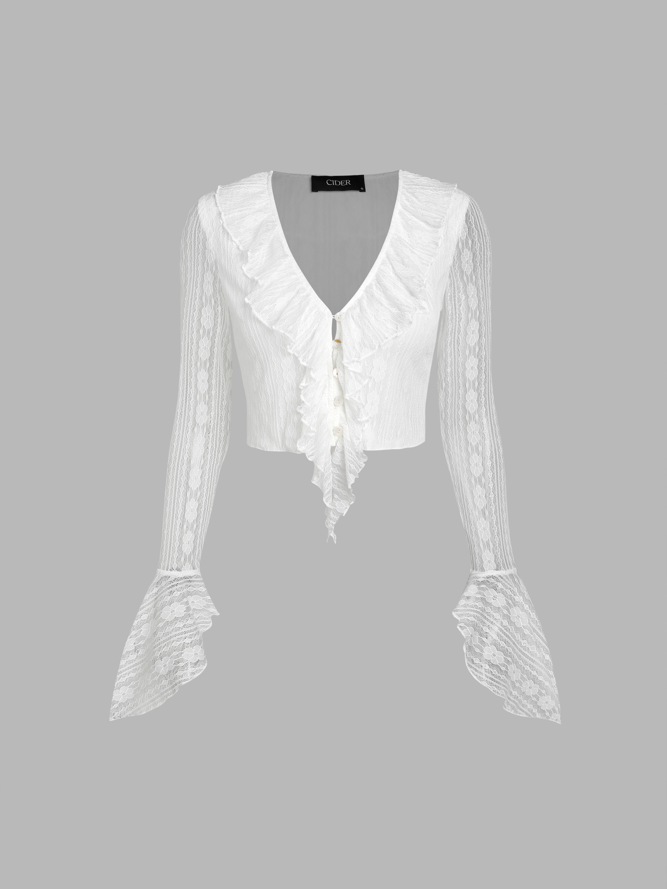 Material Ruffle Hem Lace V-neck Long Sleeve Blouse For Occasion