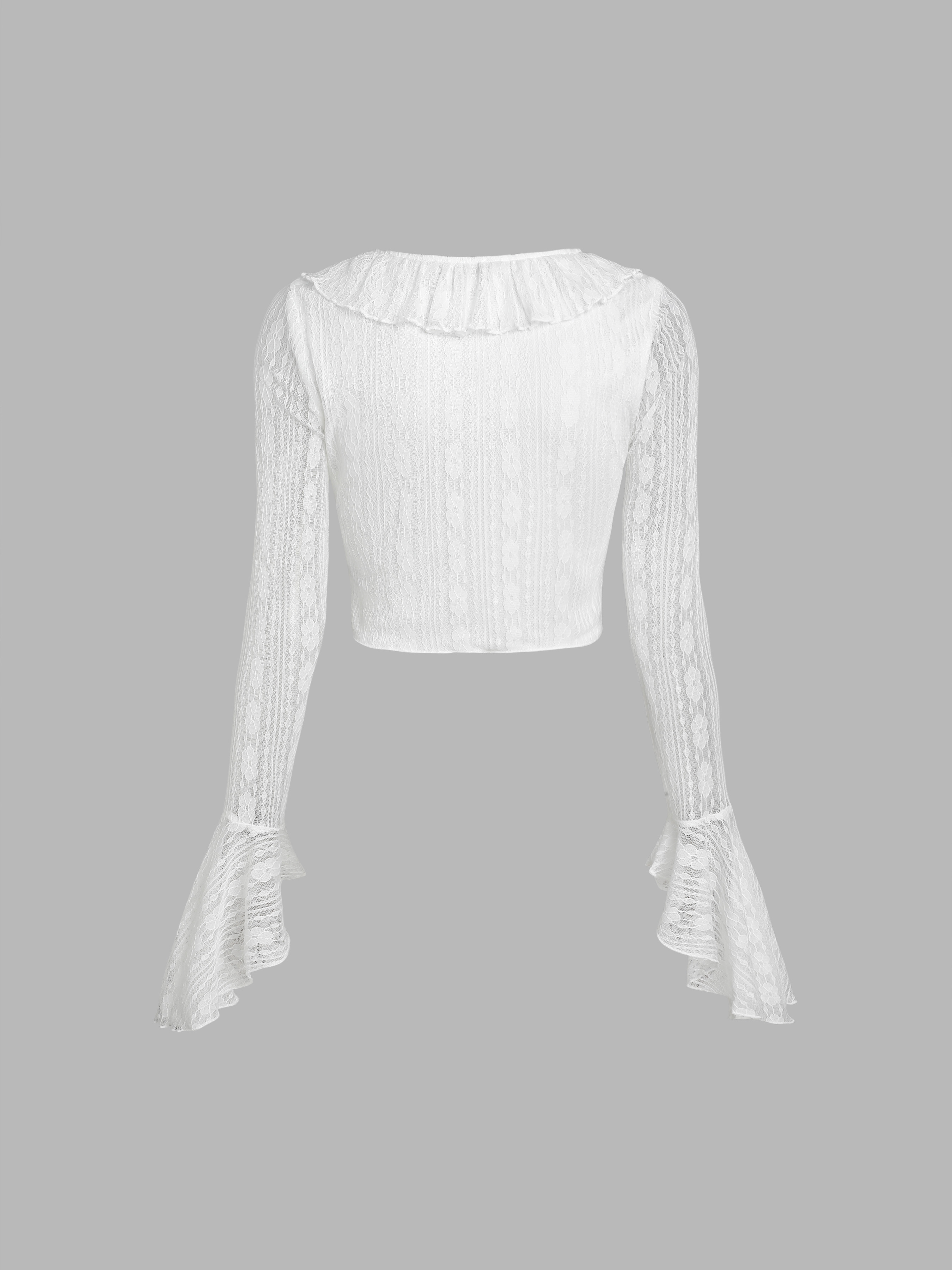 Material Ruffle Hem Lace V-neck Long Sleeve Blouse For Occasion