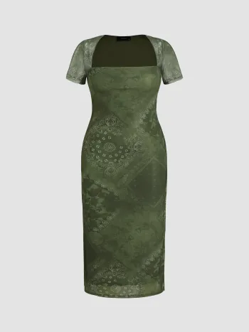 Paisley Pattern Mesh Maxi Dress Curve & Plus