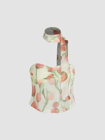  Mesh-Floral-Halter-Crop-Top