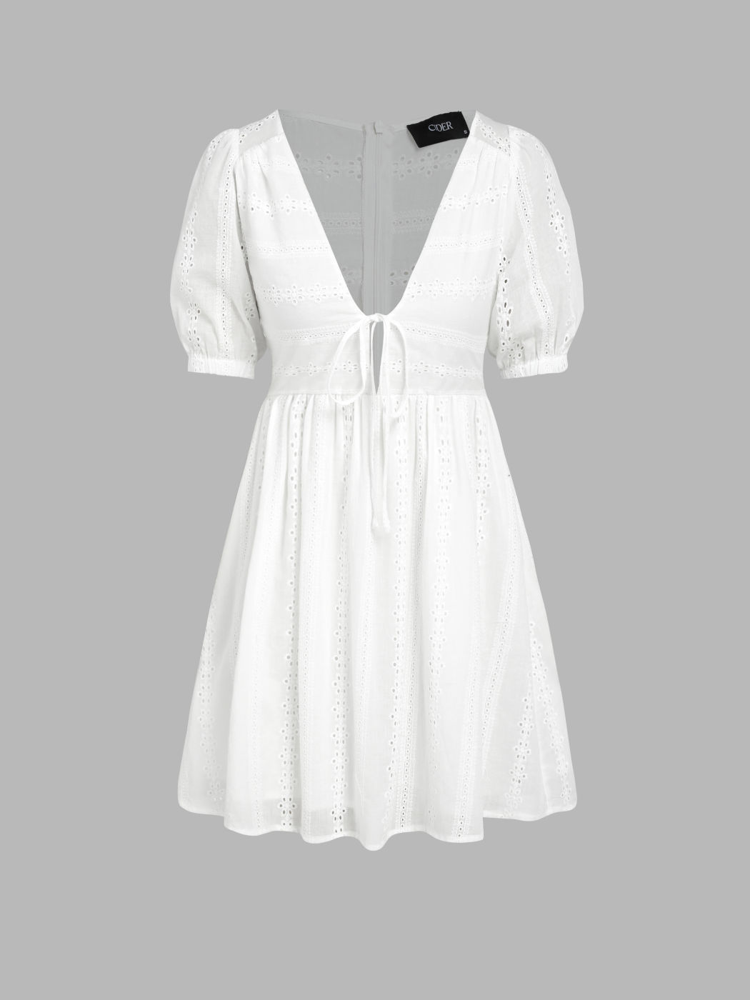 Geknotetes Minikleid mit Rüschen und Puffärmeln mit V-Ausschnitt