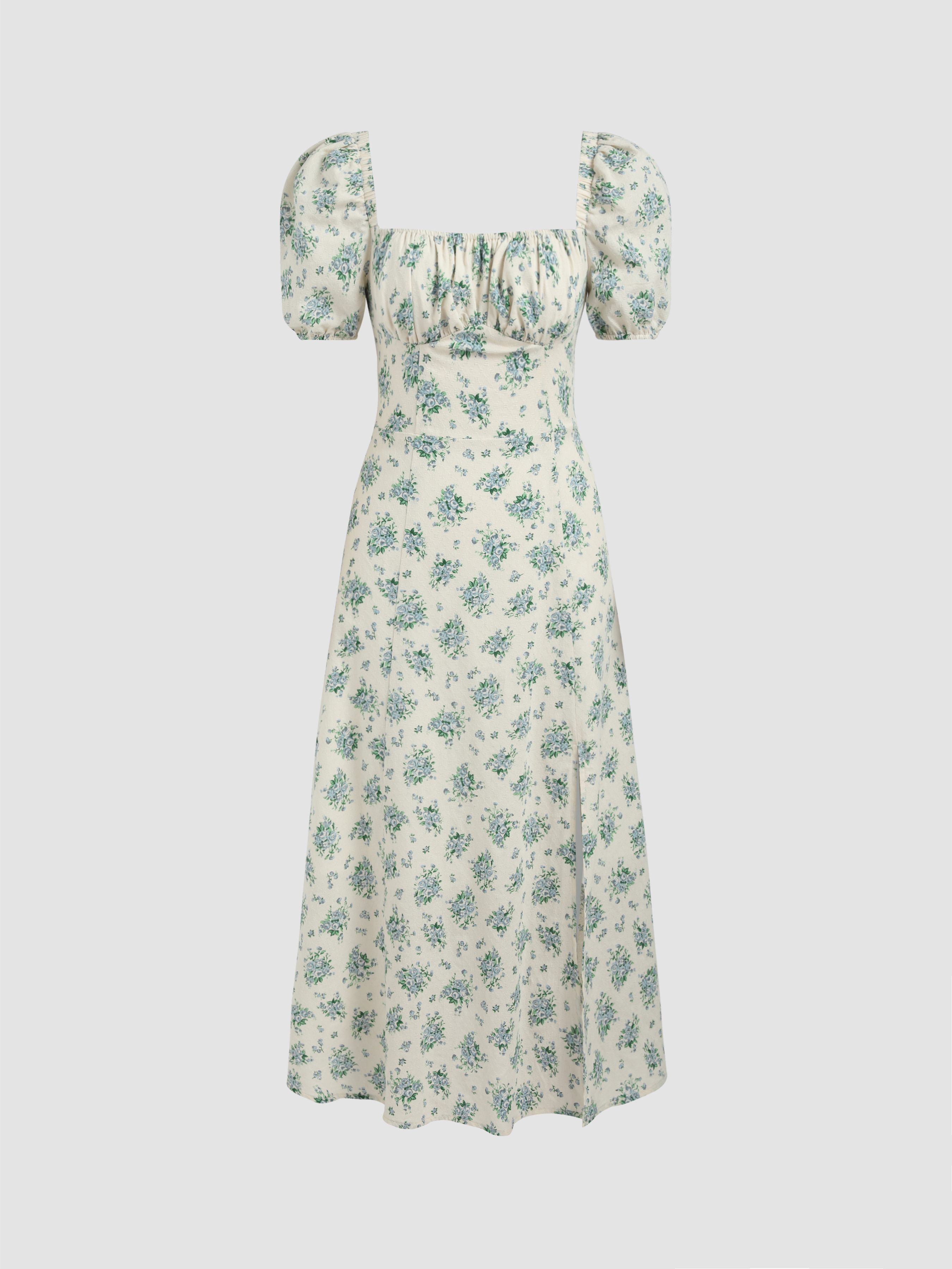 Nyar s Ditsy Floral Puff Sleeve Ruched Split Midi Dress Cider