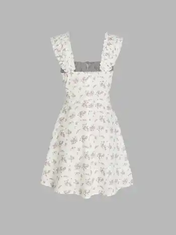 Ditsy Floral Square Neck Drawstring Ruched Mini Dress