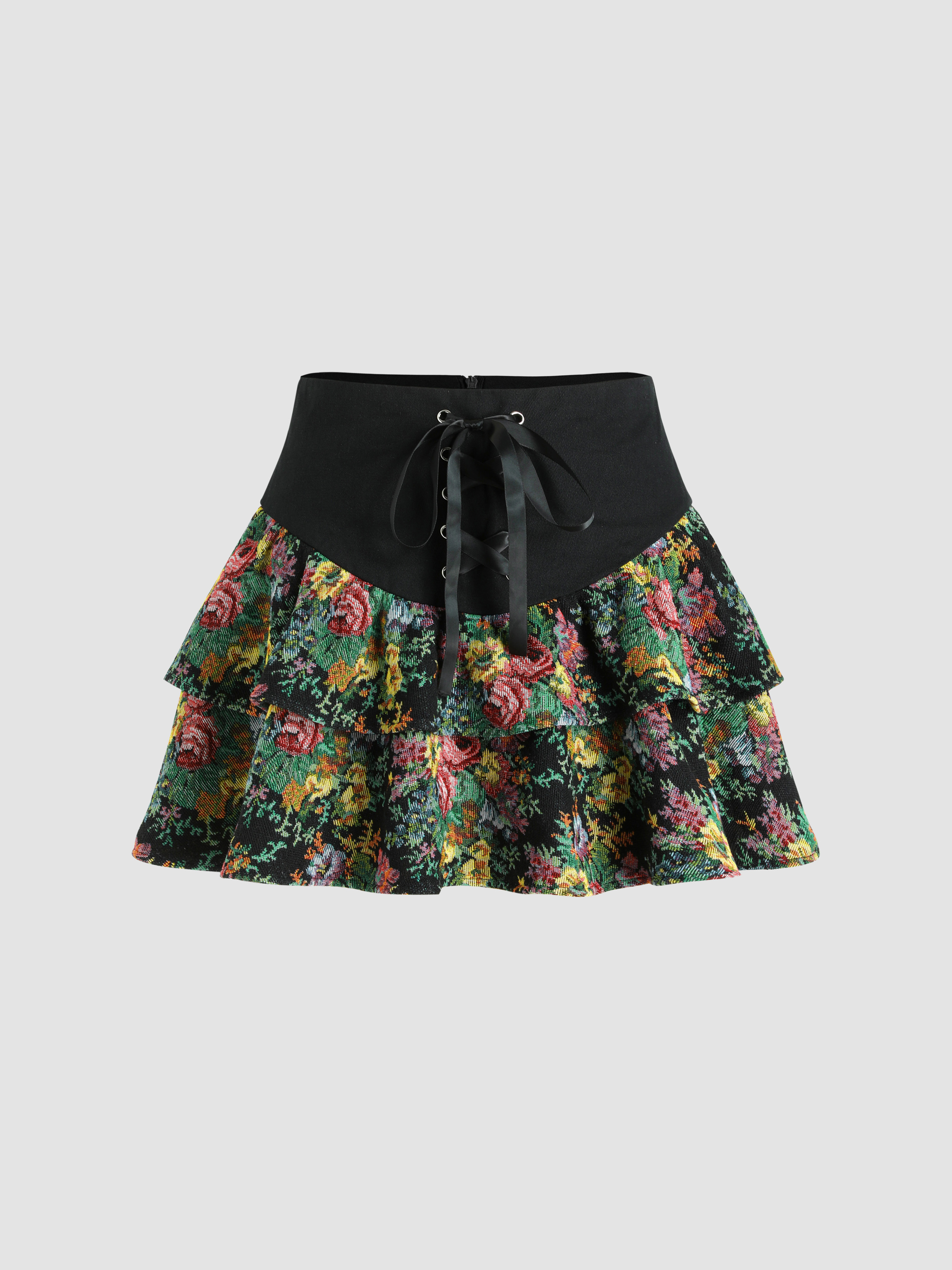 Jacquard Floral Ruffle Tiered Mini Skirt - Cider