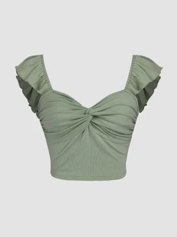 Crop Top à Manches Volantées Torsadées Unies