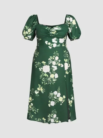 Geblümtes Maxikleid mit Schlitz und Herzausschnitt Kurve & Plus