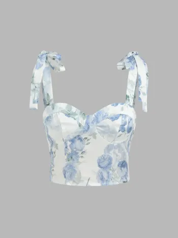  Florales Sweetheart Korsett Geknotetes Crop Tank Top