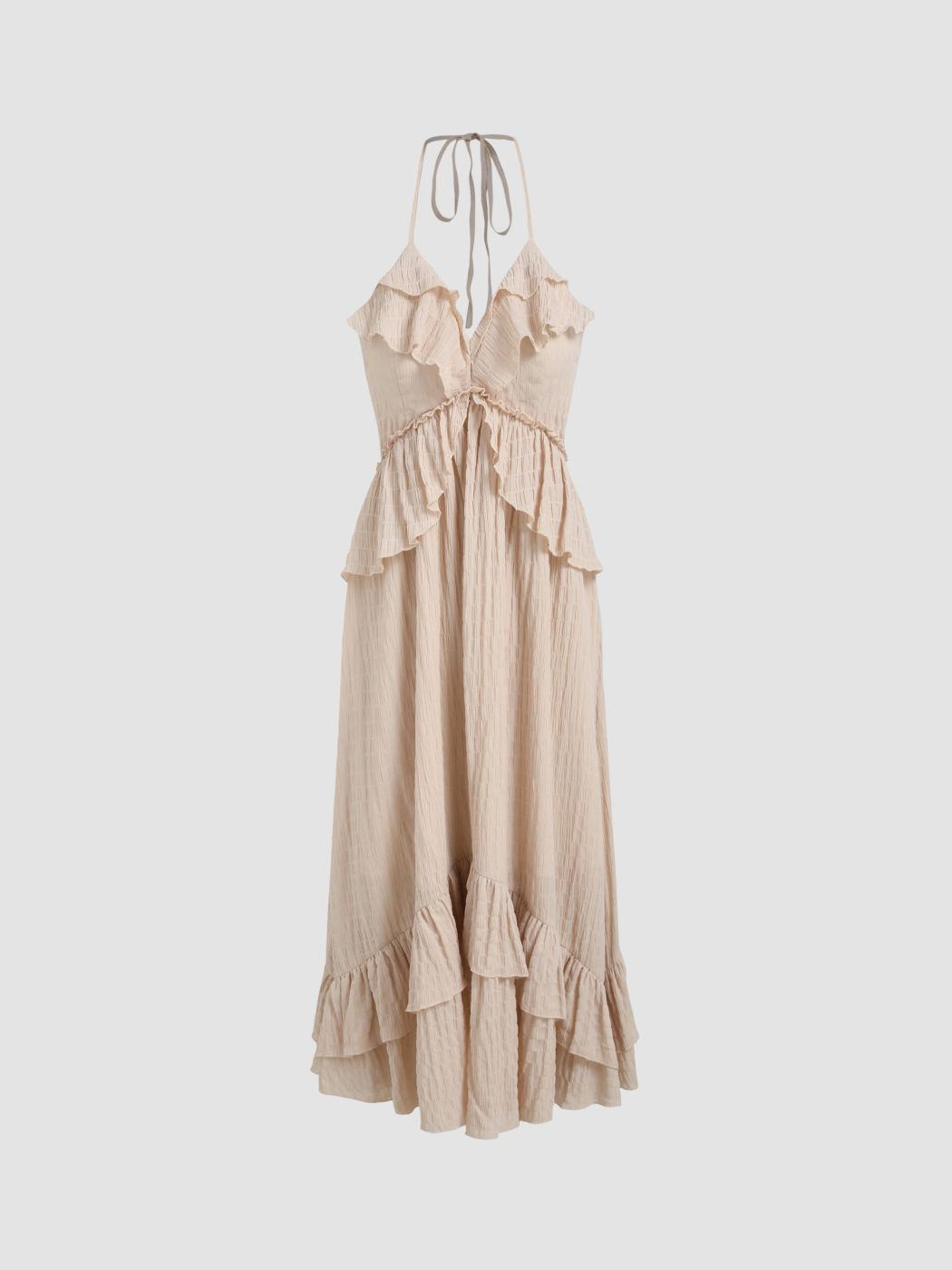 Strukturiertes, geknotetes Maxikleid mit V-Ausschnitt und Rüschen
