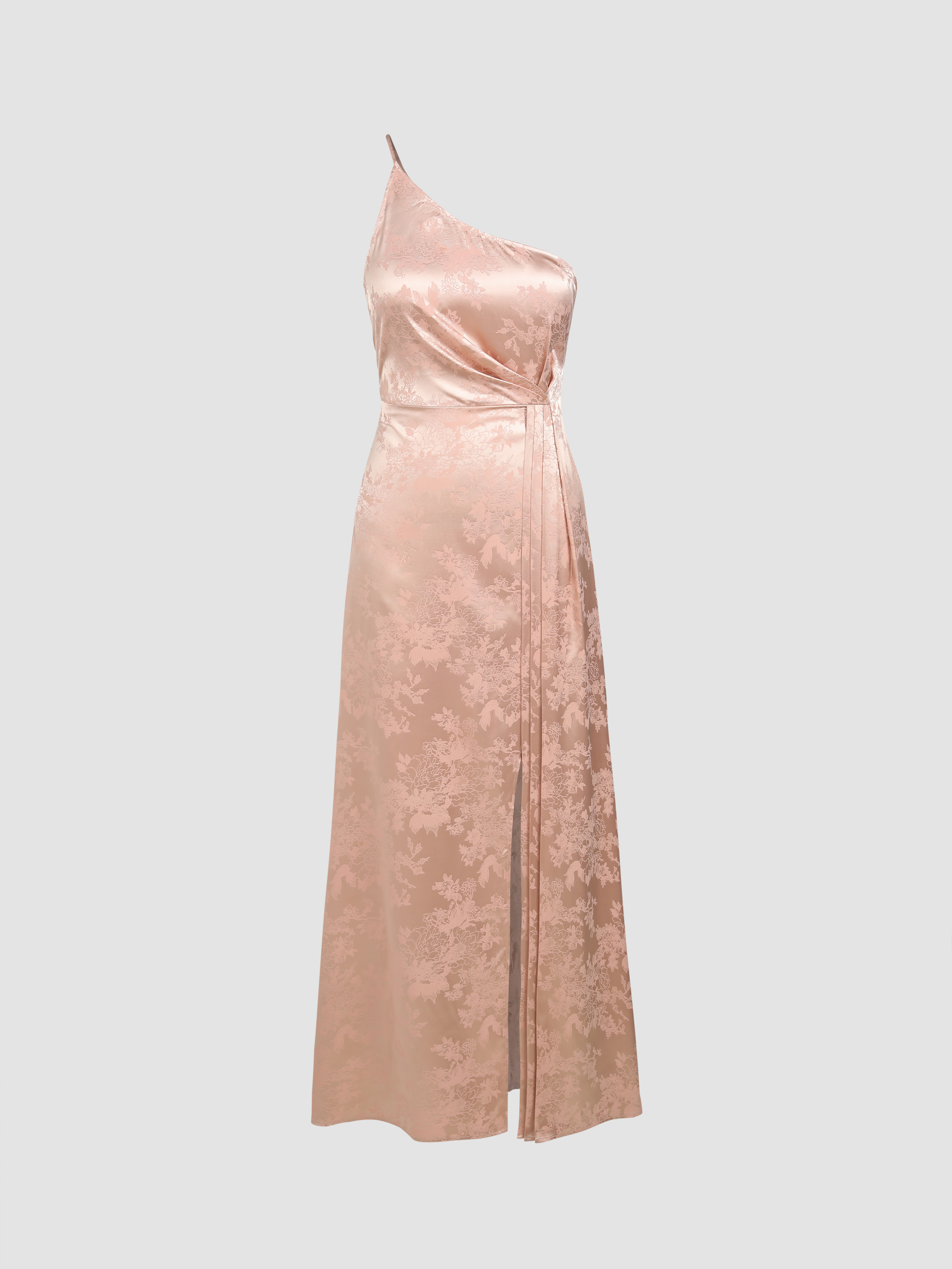 Wedding Guest Dress Long Pink Dress Satin Floral Pleated Split