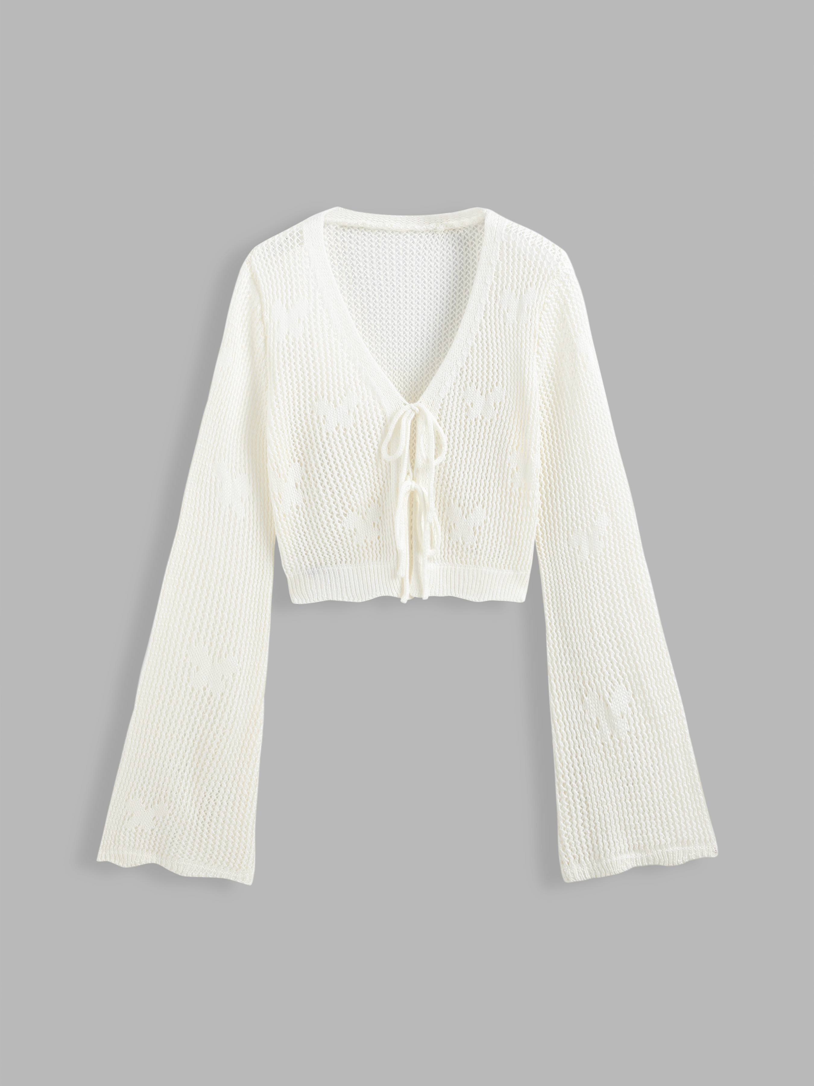 Solid Hollow Out Knit Knotted Cardigan
