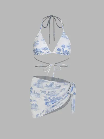 Toile de Jouy Halter Bikini Set & Sarong