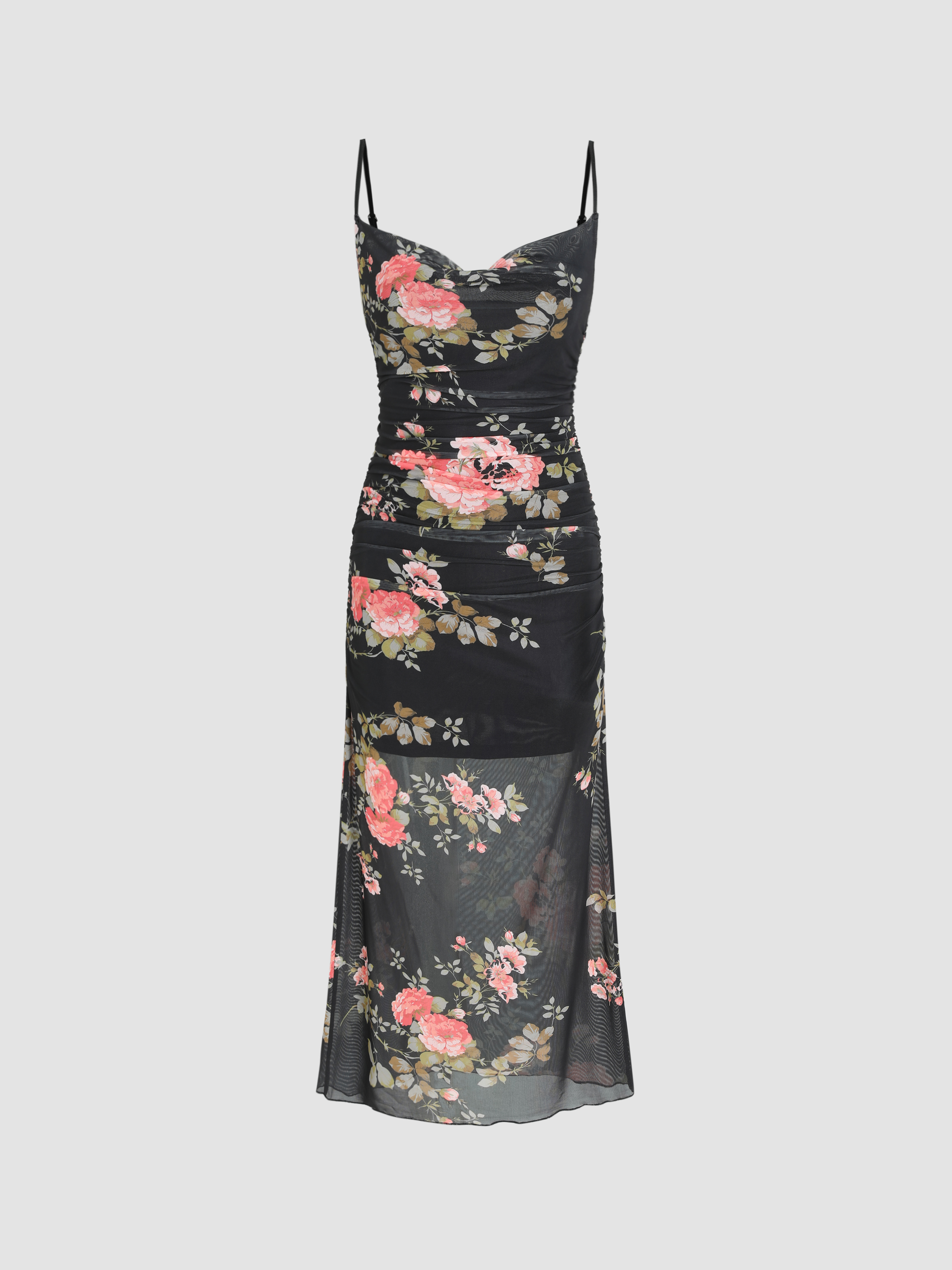 Floral Cowl Neck Ruched Midi Dress For Daily Casual Date Vacation