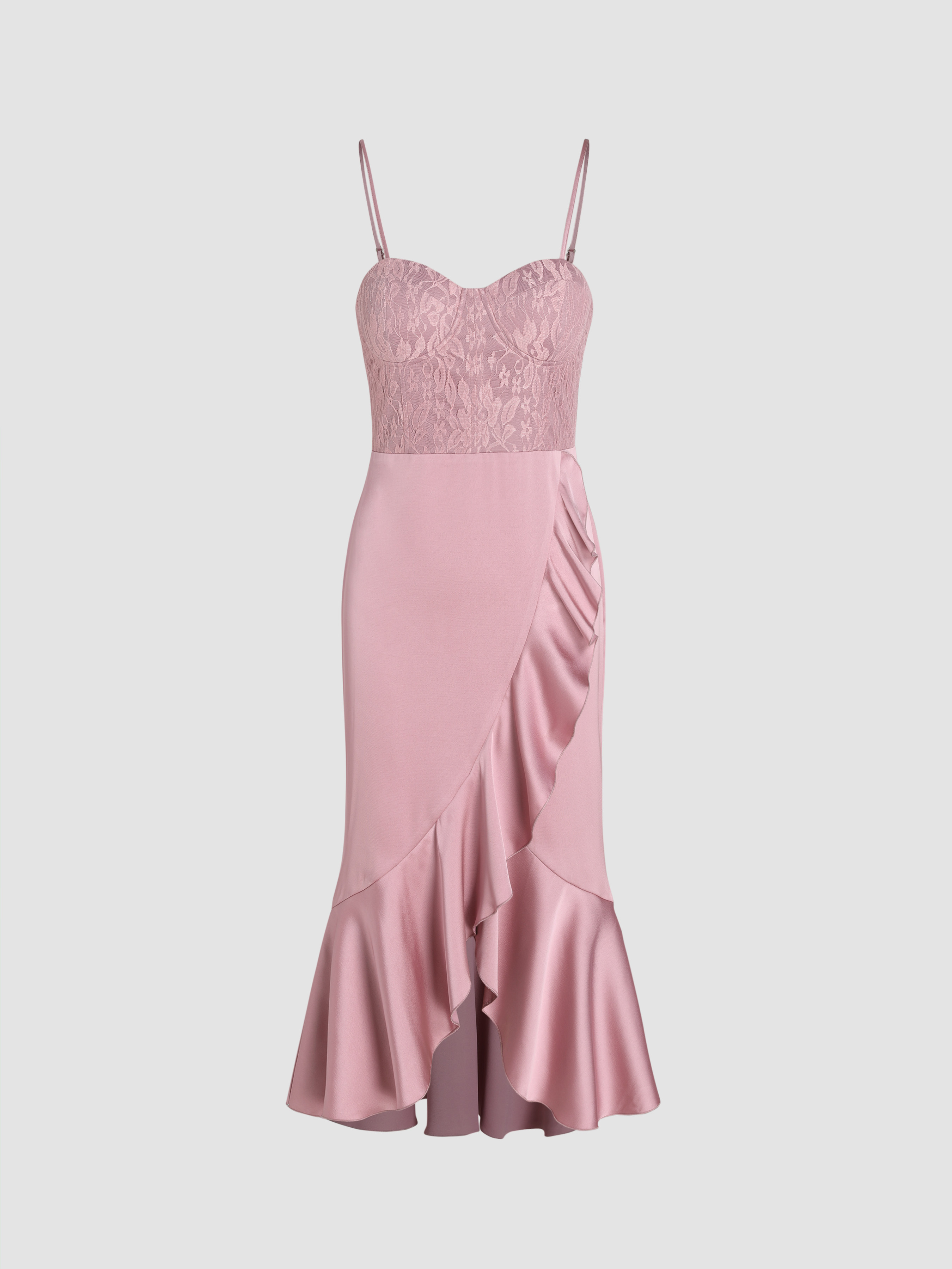 Mermaidcore Lace Floral Sweetheart Ruffle Hem Midi Dress For Date Party ...