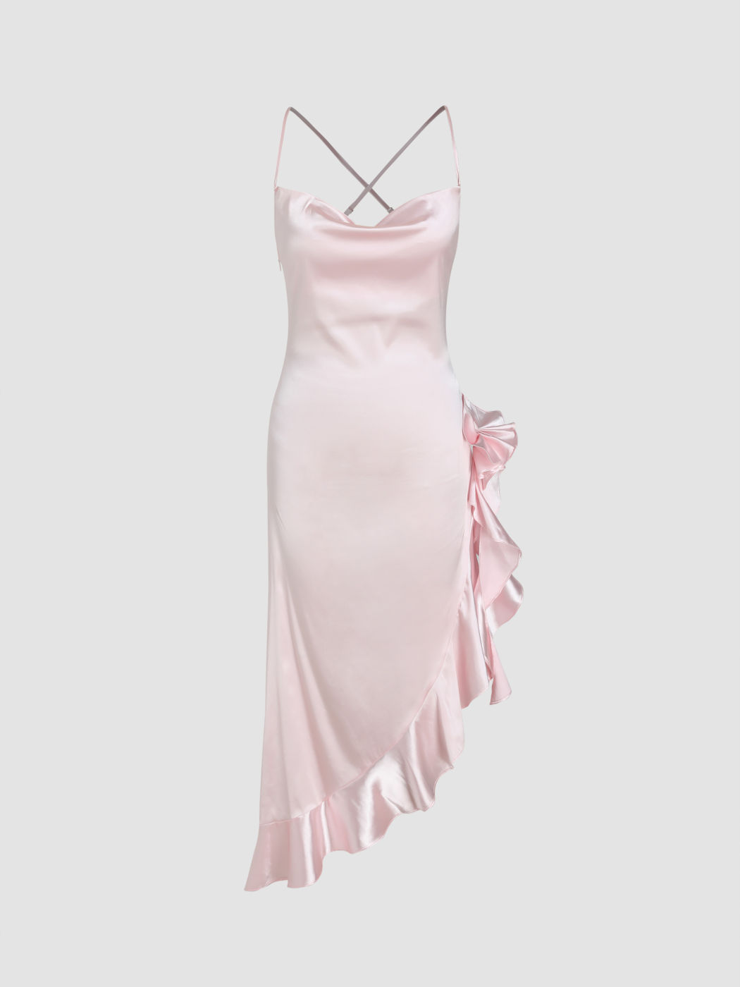 Mermaidcore Satin Ruffle Hem Criss Cross Midi Dress For Date
