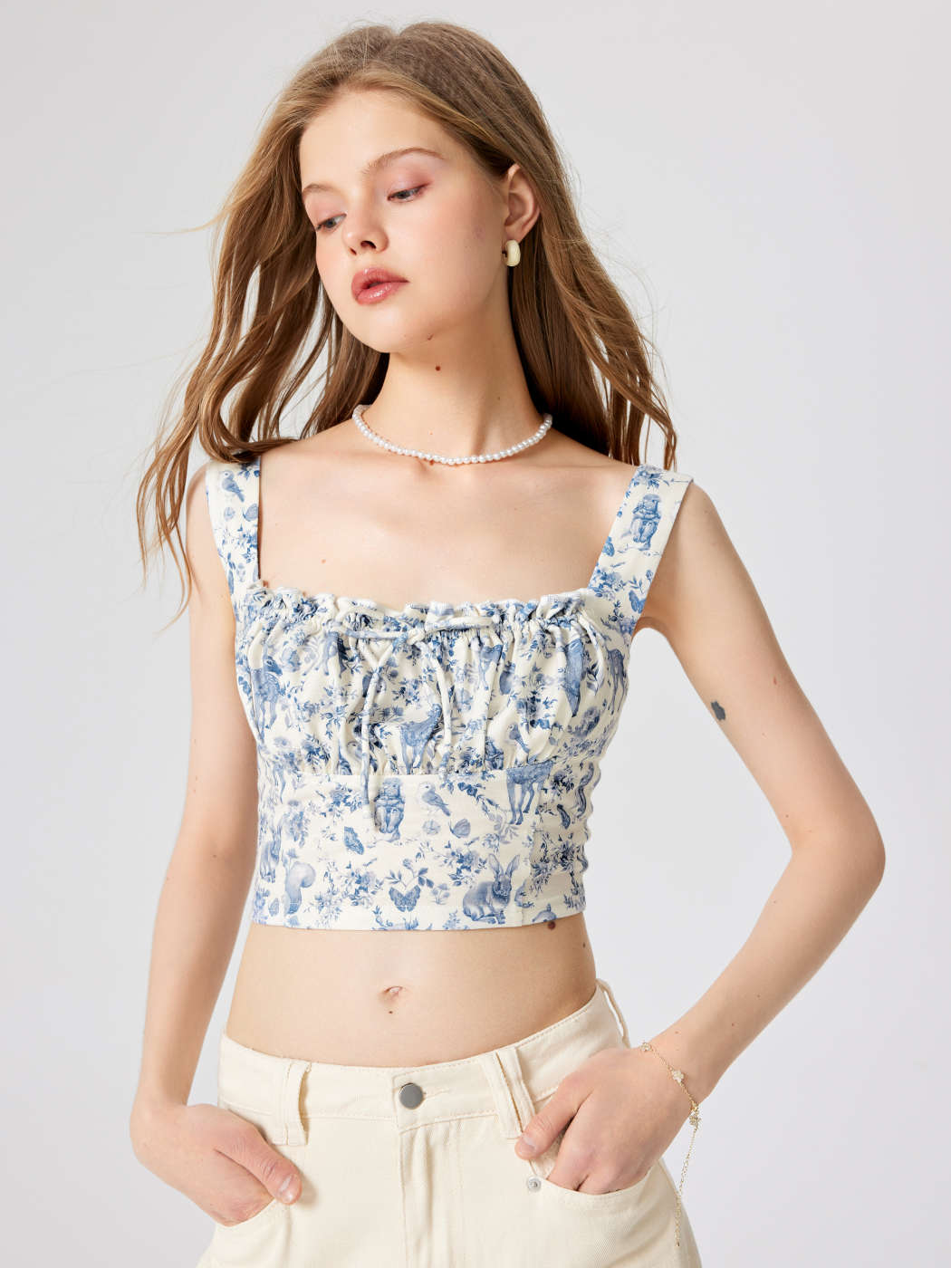 Floral Jersey Cropped Corset Top Blue