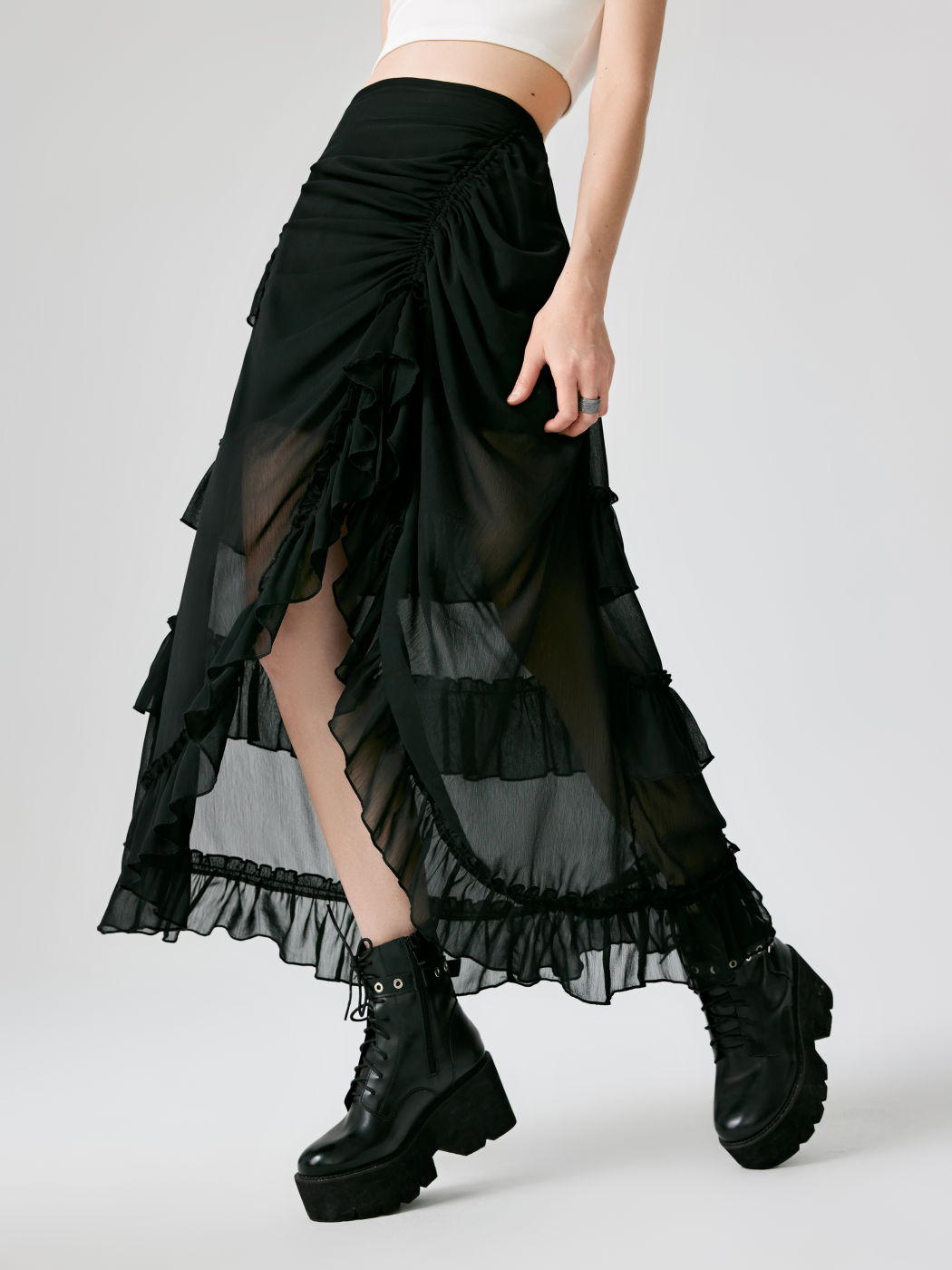 Ruffle Sheer High Waist Maxi Skirt - Cider