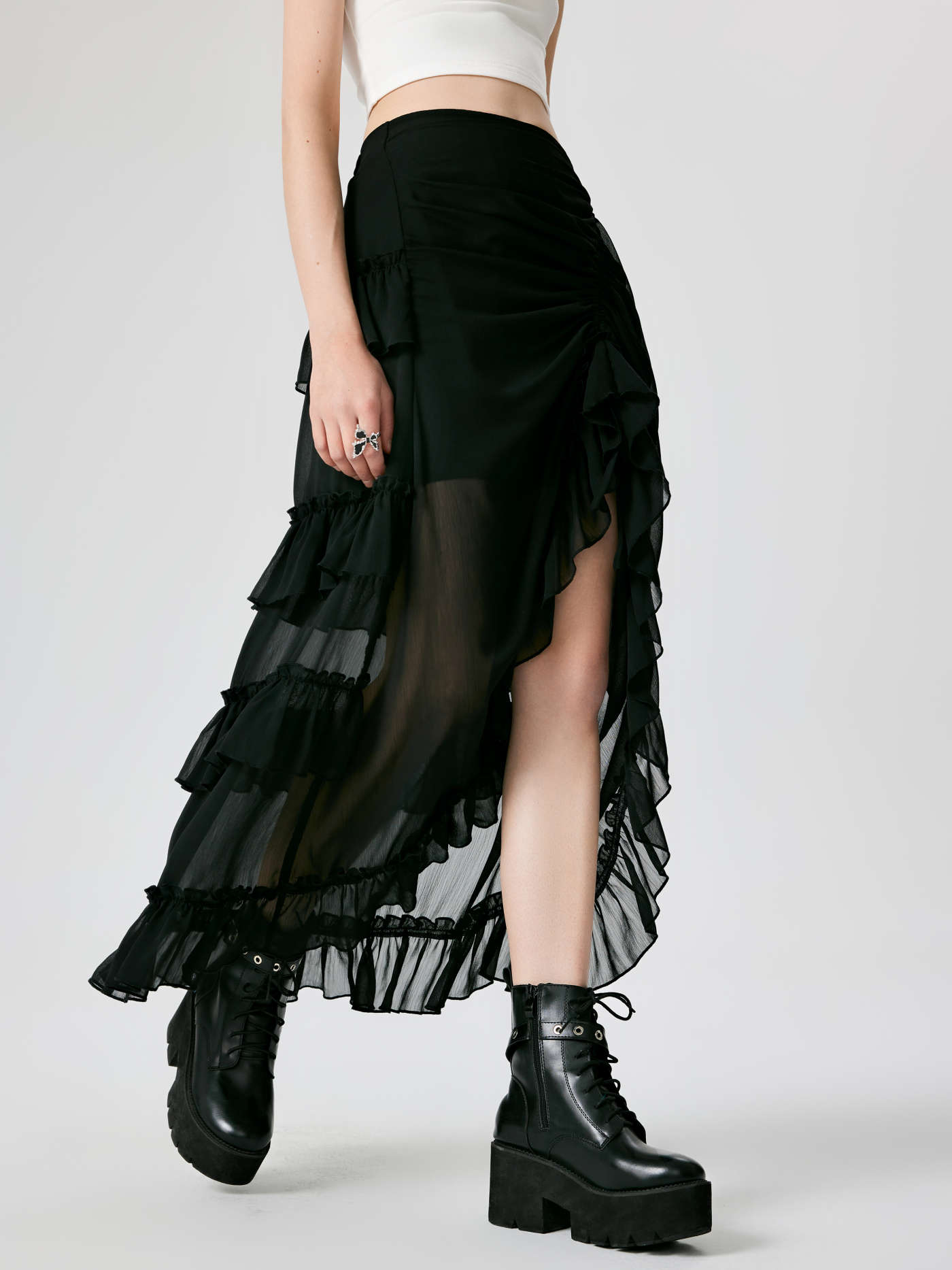 Ruffle Sheer High Waist Maxi Skirt