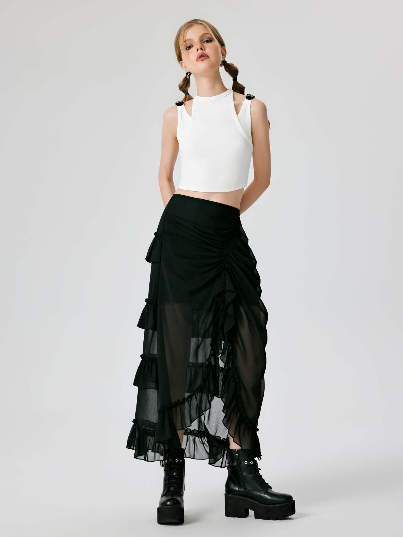 Ruffle Sheer High Waist Maxi Skirt
