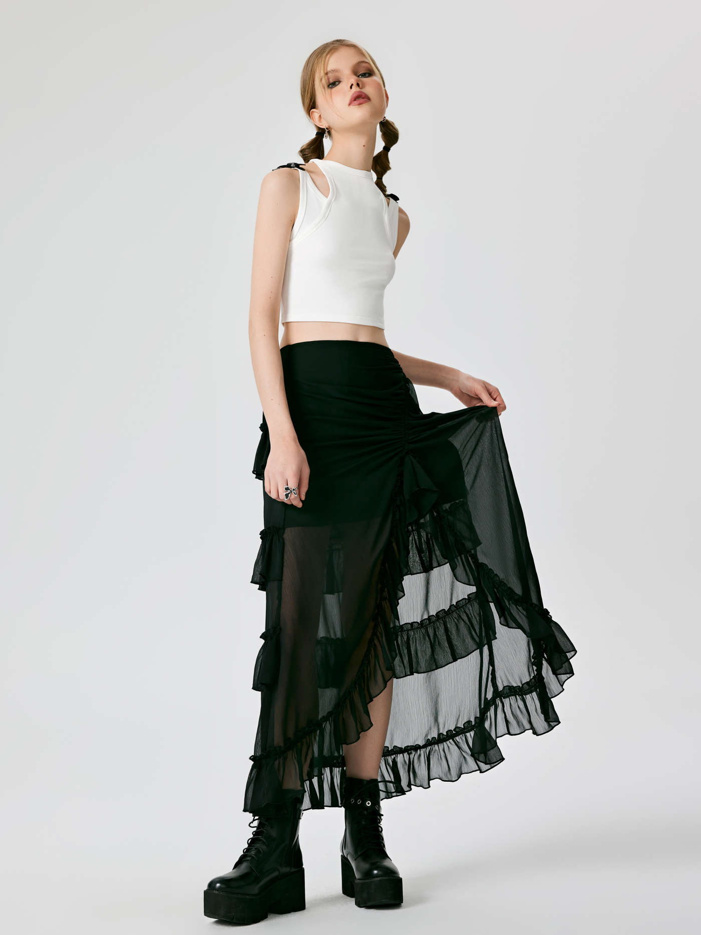Ruffle Sheer High Waist Maxi Skirt