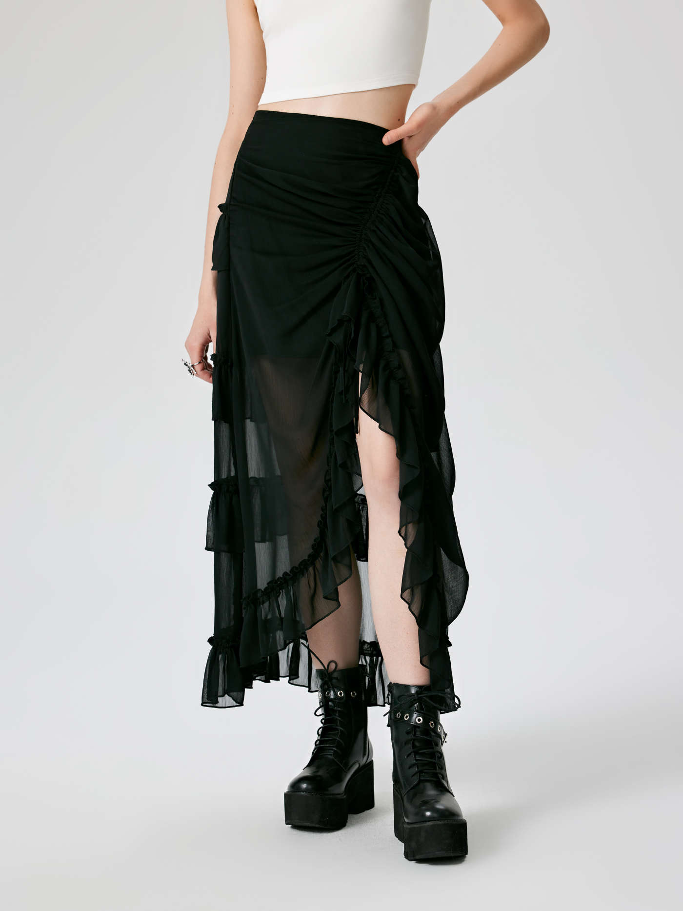 Ruffle Sheer High Waist Maxi Skirt