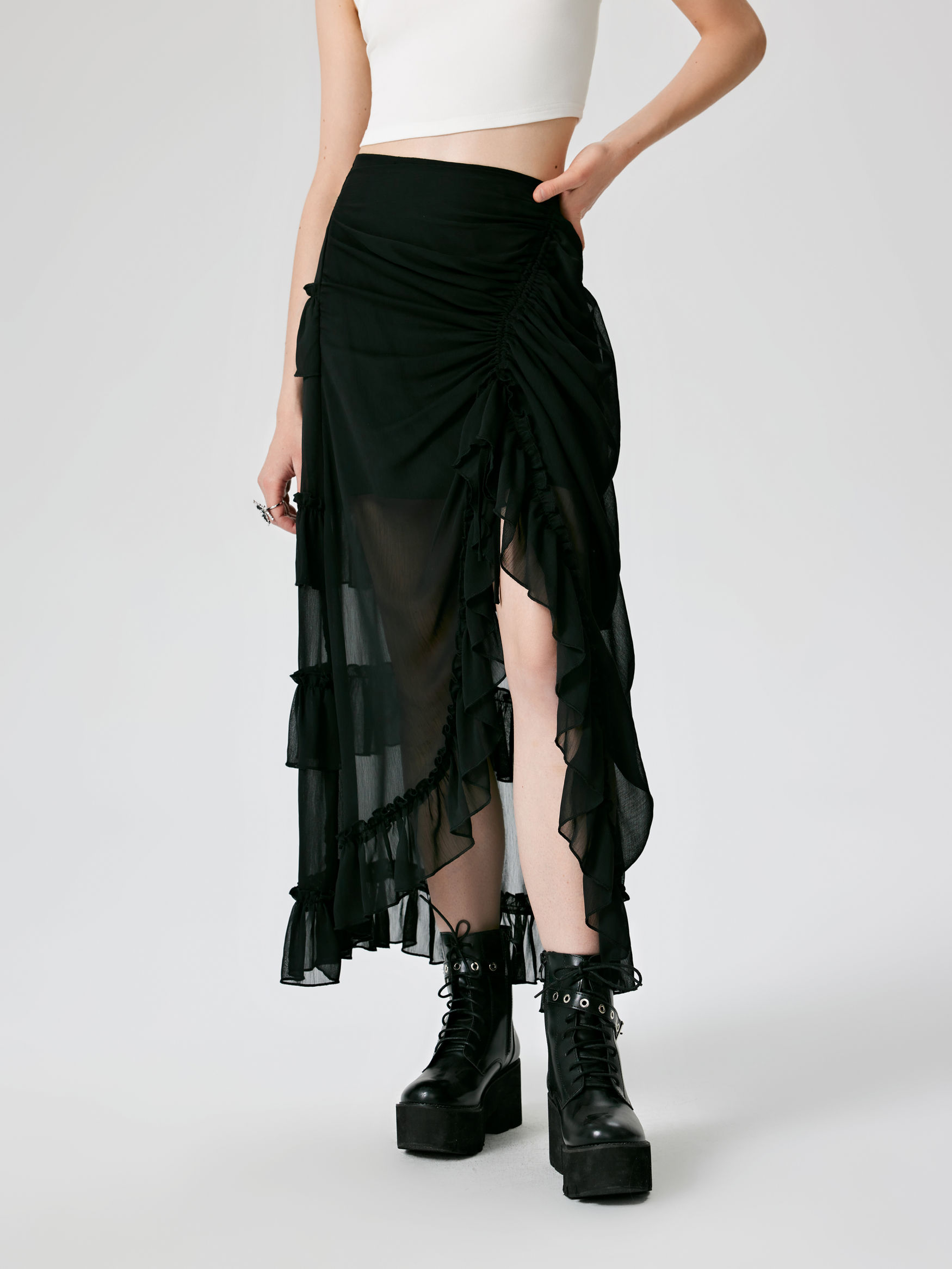 Ruffle Sheer High Waist Maxi Skirt