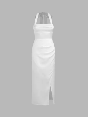 Geknotetes Schlitz-Midikleid aus Satin mit Neckholder