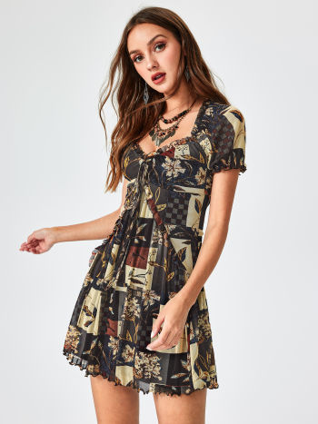 Mesh Floral Mesh Ruffle Hem Knotted Mini Dress For Daily Casual Date