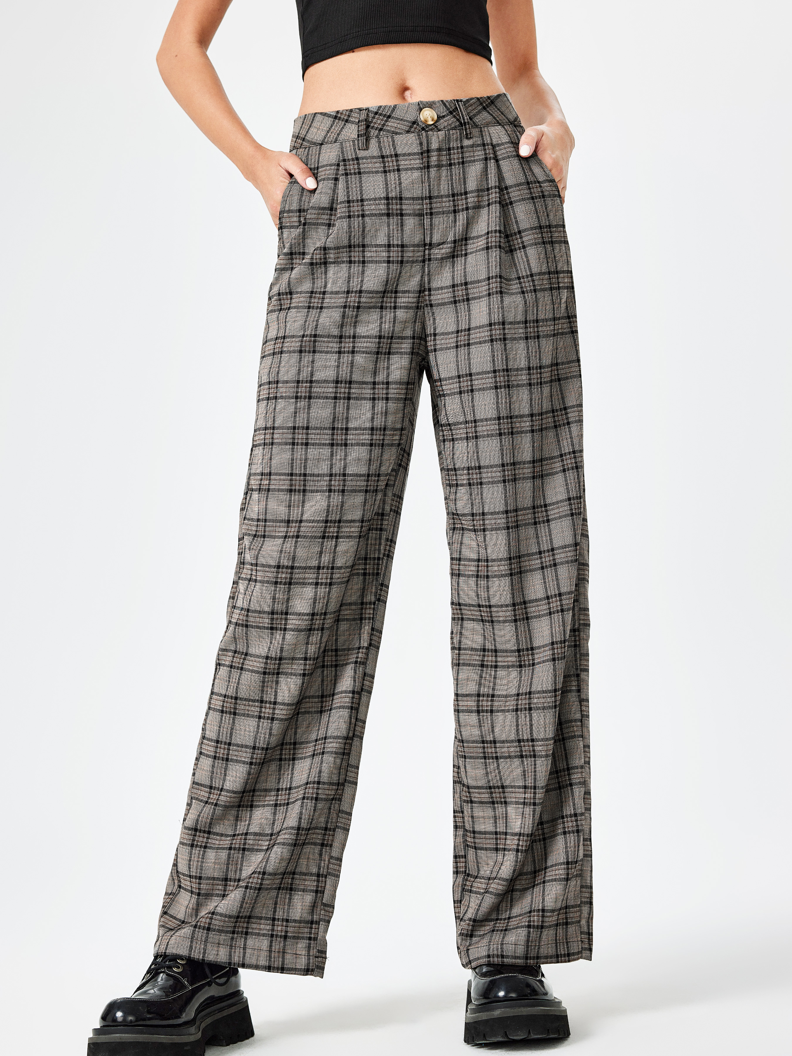 Woven Check High Waist Wide Leg Trousers For School Daily