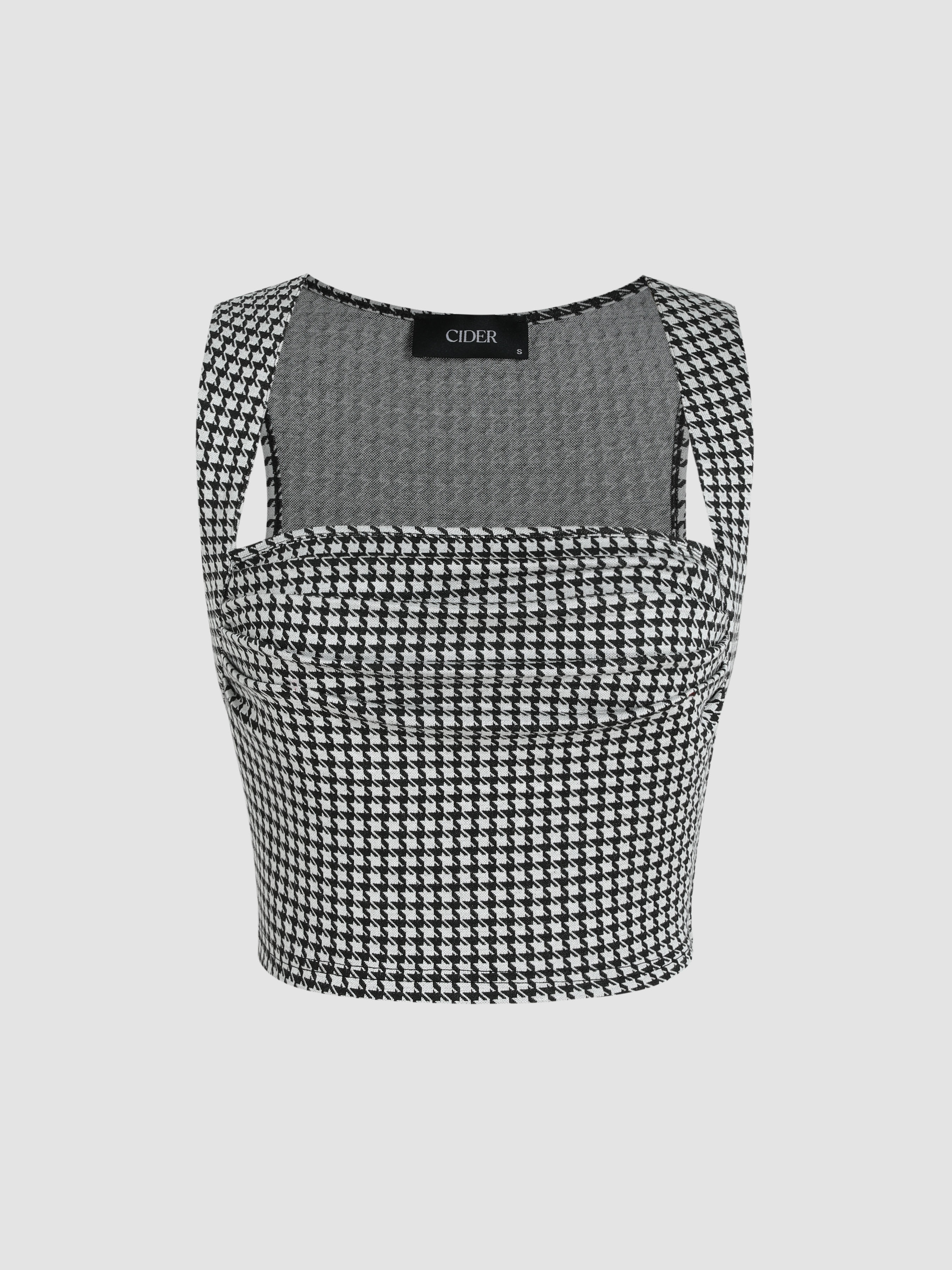 Knit Fabric Houndstooth Crop Tank Top & Pleated Mini Skirt