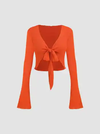 Knotted Long Sleeve Crop Top & Ruched Asymmetrical Hem Skirt
