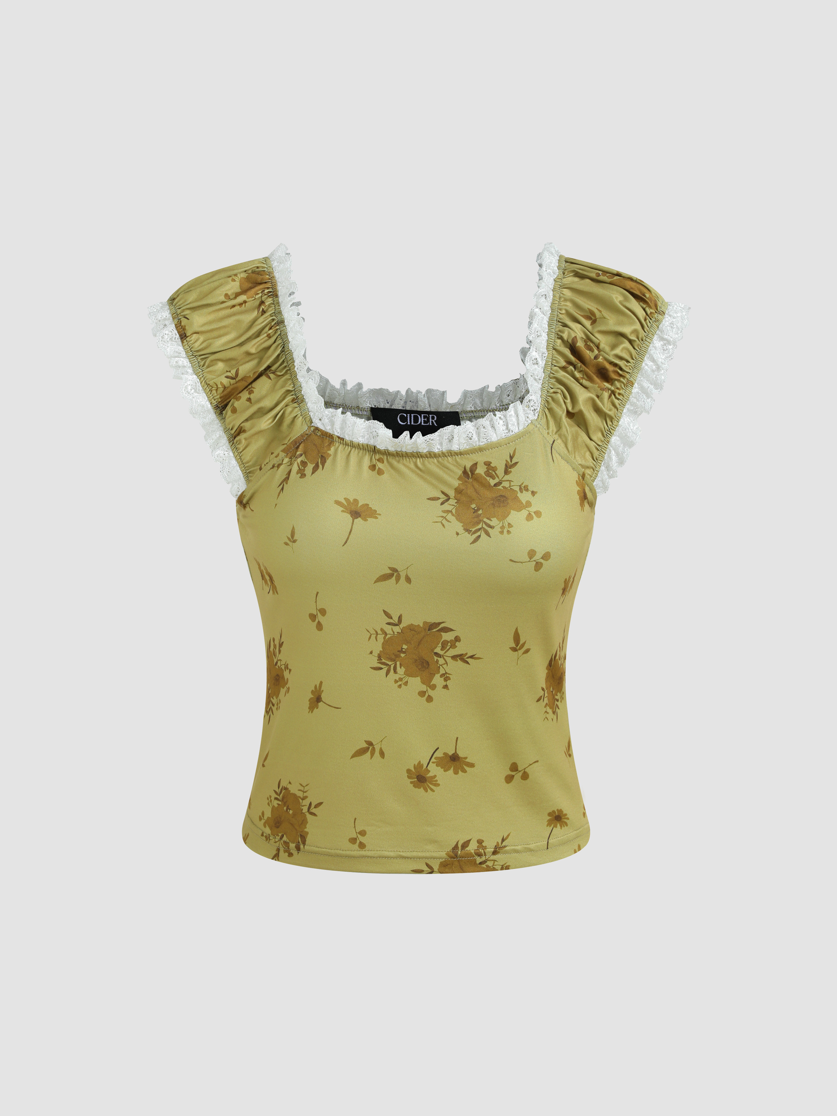 Floral Lace Trim Ruched Tank Top Cider