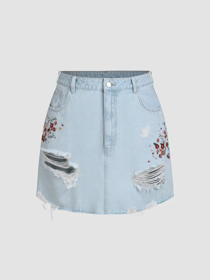 Jean Skirt Denim Floral Embroidery Ripped Denim Mini Skirt Curve