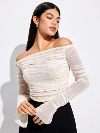Mesh Off-Shoulder Langarm-Oberteil
