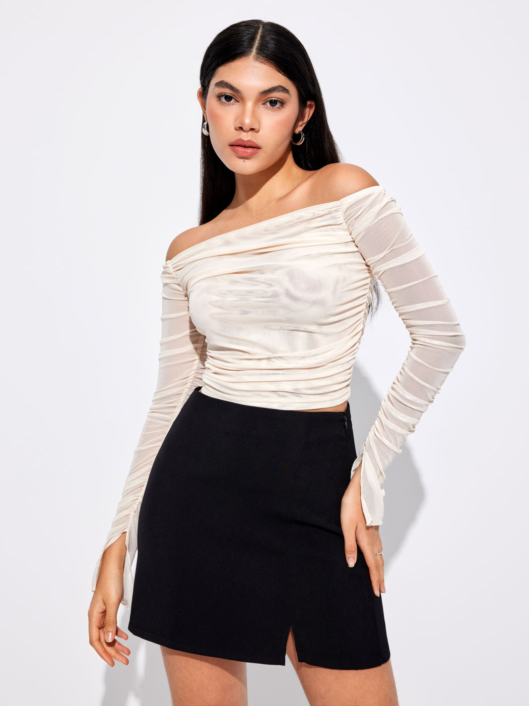 Mesh Off-Shoulder Langarm-Oberteil