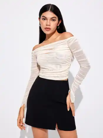 Mesh Off-Shoulder Langarm-Oberteil